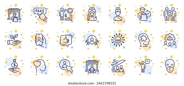 Outline set of Like, Doctor and Passenger line icons for web app. Include Friend, User call, Delivery market pictogram icons. Employees teamwork, Medical mask, Fake information signs. Vector