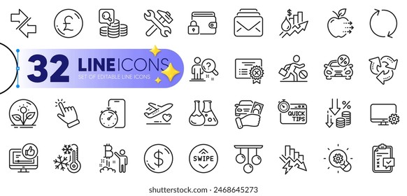 Outline set of Like video, Saving electricity and Recycle line icons for web with Deflation, Inspect, Swipe up thin icon. Medical flight, Incubator, Dollar money pictogram icon. Vector