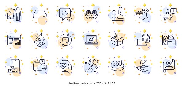 Outline set of Lock, Cardio training and Strategy line icons for web app. Include Notification cart, Safe time, Online storage pictogram icons. Consult, Web report, Approved signs. Card. Vector