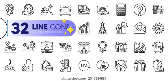 Outline set of Lock, Delivery truck and Car wash line icons for web with Excise duty, Love letter, Parking place thin icon. Friends couple, Calculator, Christmas tree pictogram icon. Vector