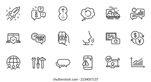Conjunto de esquemas de la aplicación bloqueada, de los iconos de la línea de cámara de Messenger y Photo para la aplicación web. Hable, información, icono de esquema del camión de entrega. Incluir los iconos de mensaje de advertencia, gráfico, acceso en línea. Vector