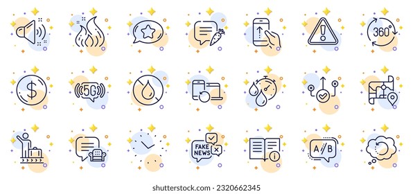 Conjunto de esquemas de sonido alto, mapas e iconos de línea de 360 grados para la aplicación web. Incluye los iconos del pictograma de datos de recuperación, sin impermeabilidad. Charla favorita, desliza, firma de energía de fuego. Vector
