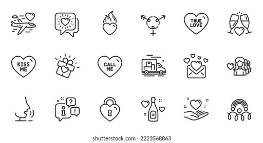 Outline set of Love mail, Kiss me and Wedding glasses line icons for web application. Talk, information, delivery truck outline icon. Include Hold heart, Love lock, Friends chat icons. Vector