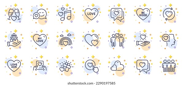 Outline set of Love music, Update relationships and Care line icons for web app. Include Hearts, Like button, Love gift pictogram icons. Friends chat, Friends couple, Friendship signs. Vector