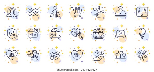 Outline set of Love night, Call me and Gps line icons for web app. Include Love gift, New, Bus travel pictogram icons. Search flight, Discounts cart, Ice cream signs. Rainbow, Buyer, Guard. Vector