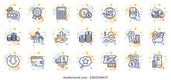 Outline set of Loyalty award, Check investment and Currency line icons for web app. Include Bitcoin, Bid offer, Cash transit pictogram icons. Contactless payment, Cashback, Accounting signs. Vector