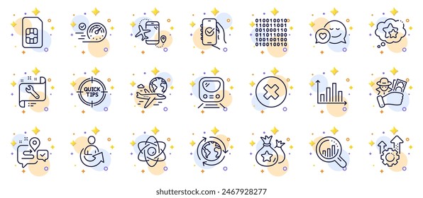 Outline set of Loyalty points, Metro and Journey line icons for web app. Include Ranking stars, International flight, Tips pictogram icons. Approved app, Binary code, Share signs. Vector