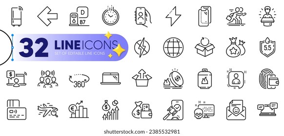 Outline set of Loyalty points, Refrigerator and Euro rate line icons for web with Cyber attack, Laptop, User call thin icon. Developers chat, Energy, Brand ambassador pictogram icon. Vector