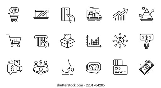 Outline set of Loyalty points, Sales diagram and Vip shopping line icons for web application. Talk, information, delivery truck outline icon. Include Card, Pyramid chart, Networking icons. Vector