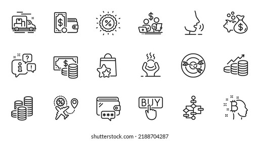 Conjunto de esquemas de puntos de lealtad, dinero de cartera e iconos de línea contable de presupuesto para aplicaciones web. Hable, información, icono de esquema del camión de entrega. Incluir iconos de moneda, descuento, gráfico de crecimiento. Vector