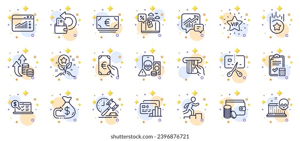 Outline set of Loyalty star, Auction hammer and Cyber attack line icons for web app. Include Accounting checklist, Card, Online accounting pictogram icons. Travel loan, Euro currency. Vector