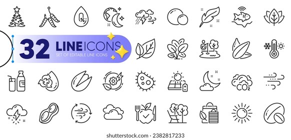 Outline set of Maggots, Soy nut and Solar panel line icons for web with Windy weather, Peas, Leaf thin icon. No alcohol, Recycle water, Green energy pictogram icon. Night weather, Milk. Vector
