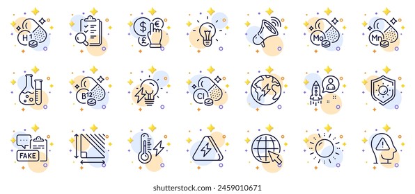 Outline set of Manganese mineral, Inspect and Chemistry lab line icons for web app. Include Fake document, Idea, Triangle area pictogram icons. Vitamin h1, Cobalamin vitamin, Internet signs. Vector