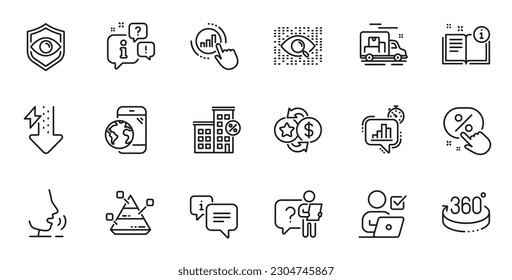 Outline set of Manual, Energy drops and Mobile internet line icons for web application. Talk, information, delivery truck outline icon. Include Graph chart, Discount button, Loan house icons. Vector