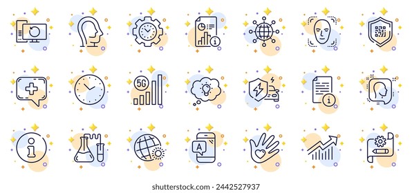 Outline set of Manual, Recovery computer and International globe line icons for web app. Include Head, Cogwheel blueprint, Psychology pictogram icons. World weather, 5g wifi, Report signs. Vector