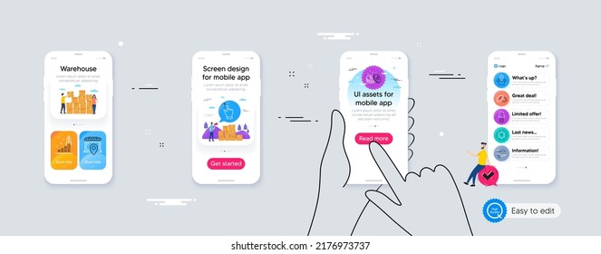 Conjunto de esquemas de ubicación de mercado, ubicación de paquete e iconos de línea de signo de interrogación para aplicaciones web. Interfaz de teléfono. Incluye gestos de pantalla táctil, Bitcoin, iconos de entrega de alimentos. Vector