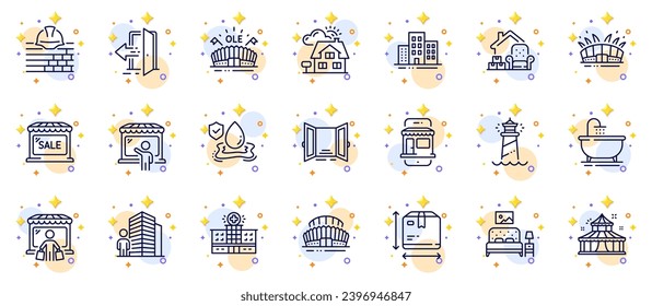 Outline set of Market seller, Buildings and Furniture line icons for web app. Include Market buyer, Open door, Lighthouse pictogram icons. Marketplace, Entrance, Hospital building signs. Vector
