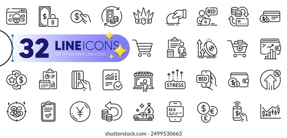 Conjunto de esquemas de vendedor de mercado, diagrama financiero e iconos de línea de venta de mercado para el Web con pago, agregar productos, icono delgado de la cartera. Porcentaje de préstamo, accesorio de compra, icono de pictograma de donar. Vector