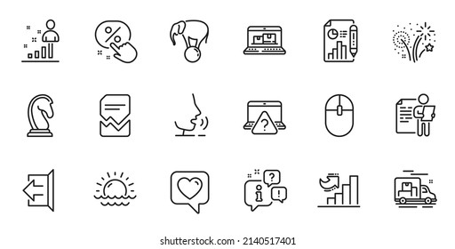 Outline set of Marketing strategy, Stats and Sign out line icons for web application. Talk, information, delivery truck outline icon. Include Computer mouse, Fireworks, Elephant on ball icons. Vector