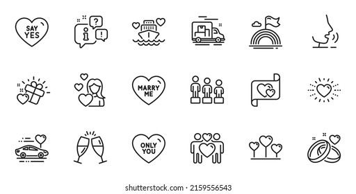 Outline set of Marriage rings, Love and Love couple line icons for web application. Talk, information, delivery truck outline icon. Include Heart, Equality, Only you icons. Vector