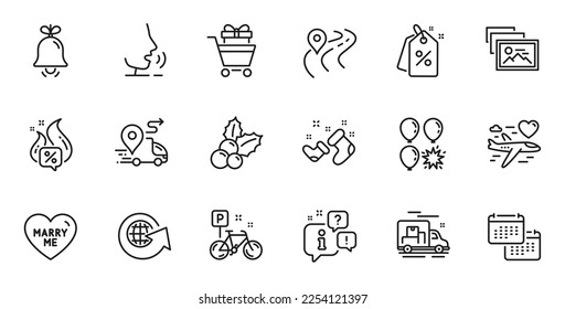 Outline set of Marry me, World globe and Calendar line icons for web application. Talk, information, delivery truck outline icon. Include Santa boots, Hot offer, Balloon dart icons. Vector