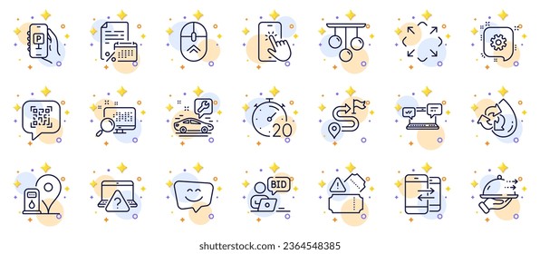 Conjunto de esquemas de Maximizar, Reciclar agua e iconos de línea de subastas en línea para la aplicación web. Incluya la comunicación telefónica, la búsqueda, los iconos del pictograma de chat de Internet. Teléfono táctil, tickets, signos de impuestos del Calendario. Vector
