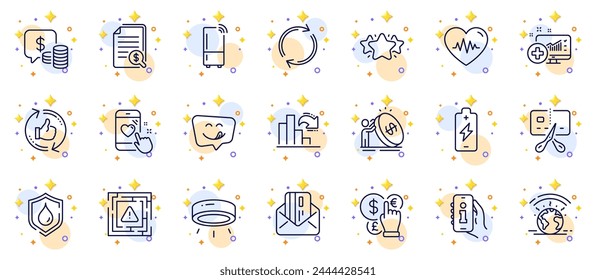 Outline set of Maze attention, Heartbeat and Info app line icons for web app. Include Greenhouse, Heart rating, Medical analytics pictogram icons. Waterproof, Money currency, Led lamp signs. Vector