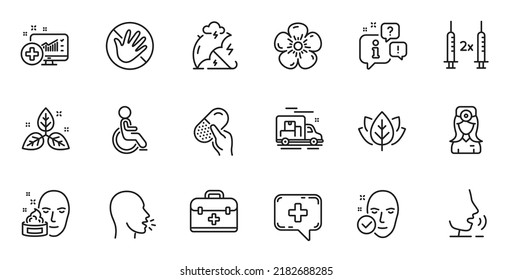 Conjunto de esquemas de análisis médico, comercio justo e iconos de línea de prueba Orgánica para aplicaciones web. Hable, información, icono de esquema del camión de entrega. Vector