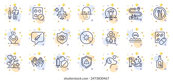 Outline set of Medical flight, Uv protection and Medical tablet line icons for web app. Include Social distance, Eye protection, Alcohol free pictogram icons. Pets care, Family insurance. Vector