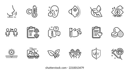 Outline Set Of Medical Mask, Dog Vaccination And Leaves Line Icons For Web Application. Talk, Information, Delivery Truck Outline Icon. Vector