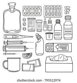 Outline set of medicines drug. Jars with pills and capsule mixture for colds or illness. Design pharmacological concept with medical syringes and thermometer. Vector