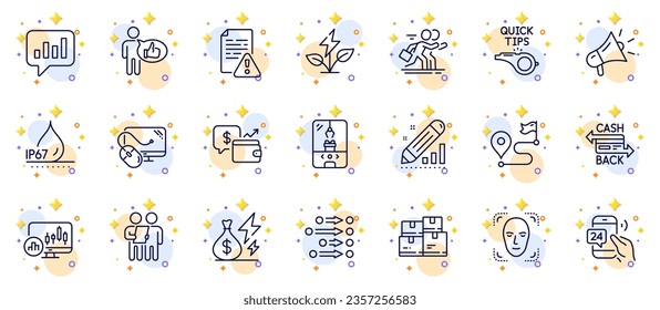 Outline set of Megaphone, 24h service and Cashback card line icons for web app. Include Crane claw machine, Candlestick chart, Like pictogram icons. Instruction manual, Face detection. Vector