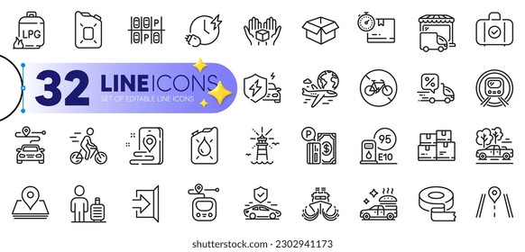 Outline set of Metro, Transport insurance and Pickup line icons for web with Adhesive tape, International flight, Road thin icon. Place, Wholesale inventory, Parking payment pictogram icon. Vector