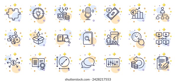 Outline set of Microphone, Creative idea and Remove team line icons for web app. Include Cash back, Deflation, Dj controller pictogram icons. Time management, Idea, Dollar exchange signs. Vector