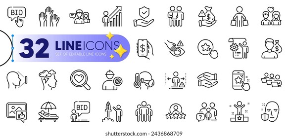 Outline set of Mindfulness stress, Group and Teamwork line icons for web with Face protection, Dont touch, Salary thin icon. Engineer, Buyer, Family questions pictogram icon. Star rating. Vector