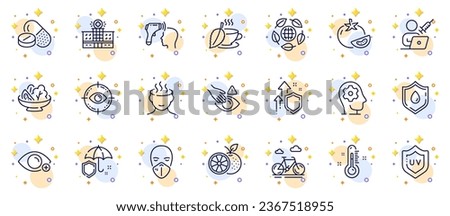 Outline set of Mint tea, Bike and Electronic thermometer line icons for web app. Include Improving safety, Salad, Hospital building pictogram icons. Eco organic, Thermometer. Vector