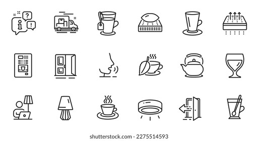 Conjunto de esquema de té de la Casa de la Moneda, colchón respirable e iconos de la línea de cristal del vino para aplicación web. Hable, información, icono de esquema del camión de entrega. Incluya los íconos de Mattress, Entrance, Teapot. Vector