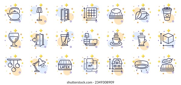 Outline set of Mint tea, Lightweight mattress and Entrance line icons for web app. Include Latex mattress, Floor plan, Takeaway coffee pictogram icons. House dimension, Latte. Vector