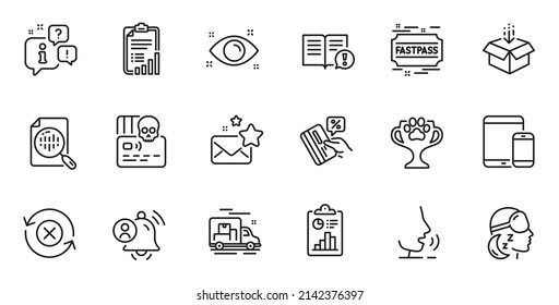 Outline Set Of Mobile Devices, Fastpass And Health Eye Line Icons For Web Application. Talk, Information, Delivery Truck Outline Icon. Include Credit Card, Report, User Notification Icons. Vector