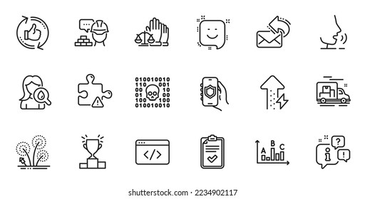 Conjunto de esquemas de crema hidratante, correo compartido e iconos de línea de aplicación de seguridad para aplicaciones web. Hable, información, icono de esquema del camión de entrega. Incluya el podio del ganador, el guión Seo, iconos de compilación. Vector