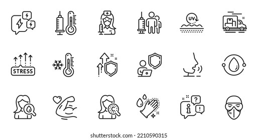 Outline set of Moisturizing cream, Thermometer and Collagen skin line icons for web application. Talk, information, delivery truck outline icon. Vector