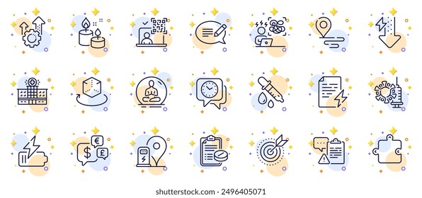 Outline set of Money currency, Chemistry pipette and Clock line icons for web app. Include Battery, Power certificate, Augmented reality pictogram icons. Yoga, Message, Puzzle signs. Vector