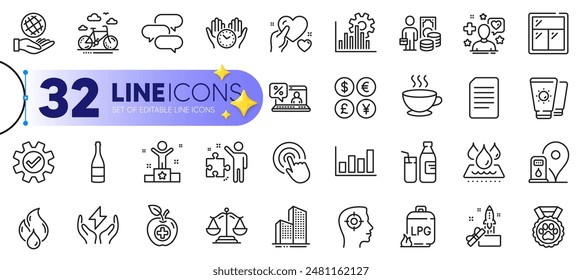 Outline set of Money profit, Coffee cup and Safe time line icons for web with Talk bubble, Dog competition, Window thin icon. Skyscraper buildings, Winner, Safe planet pictogram icon. Vector