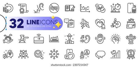 Outline set of Money, Saving electricity and Verified internet line icons for web with Idea, Statistics, Chemistry lab thin icon. Contactless payment, Phone calculator. Vector