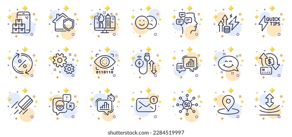 Outline set of Money transfer, Statistics timer and Mobile inventory line icons for web app. Include Loan percent, Work, Energy inflation pictogram icons. Like, Messages, Resilience signs. Vector