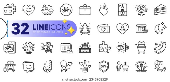 Outline set of Moon, Christmas tree and Marketplace line icons for web with Cake, Circus, Shopping trolley thin icon. Honeymoon travel, Smile chat, Bike app pictogram icon. Vector