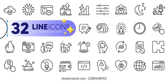 Outline set of Moon, Yoga and Podcast line icons for web with Time, Qr code, Question mark thin icon. Graph chart, Cloud computing, Environment day pictogram icon. Puzzle, Chemistry lab. Vector