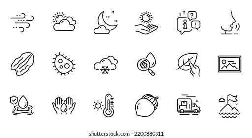 Outline Set Of Mountain Flag, Acorn And Snow Weather Line Icons For Web Application. Talk, Information, Delivery Truck Outline Icon. Include Photo, Organic Tested, Flood Insurance Icons. Vector
