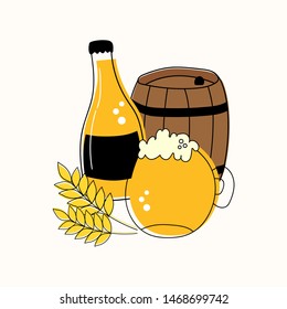 Outline set of  mug and bottle of beer, barrel and wheat isolated on white background, suitable for pub, Oktoberfest and bar design
