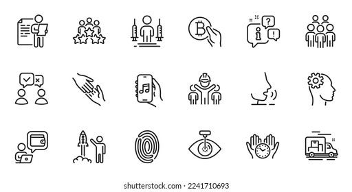 Conjunto de esquemas de aplicaciones de música, iconos de línea de equipo de ingeniería y personas de grupo para aplicaciones web. Hable, información, icono de esquema del camión de entrega. Vector